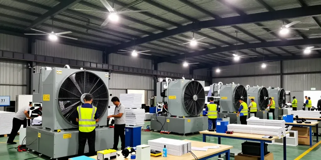 Quạt công nghiệp sử dụng trong nhà kho, nhân viên an toàn làm việc bên máy móc.
