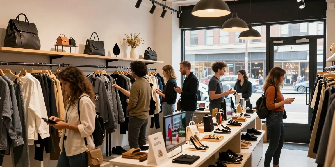 Shoppers exploring stylish 레플리카 fashion items in a vibrant urban showroom, showcasing quality and modern design.
