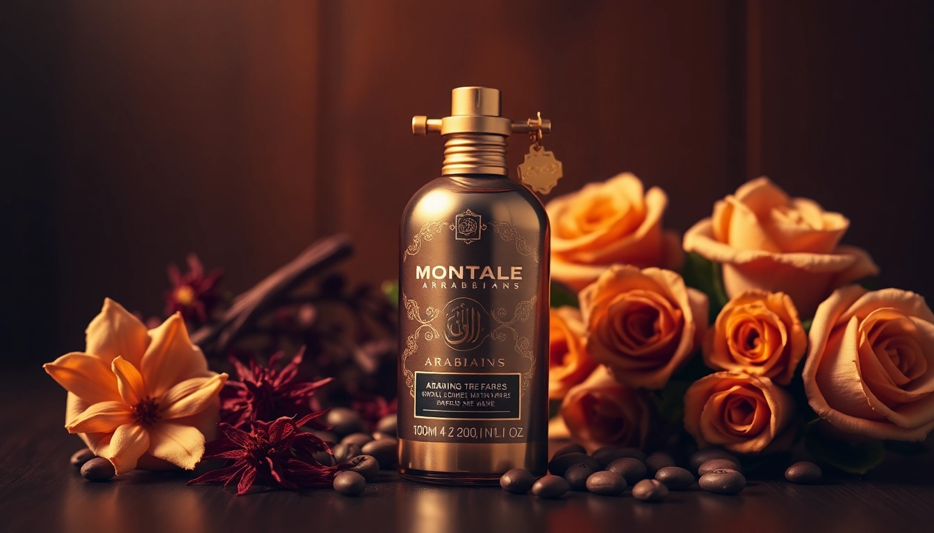 Showcasing Montale arabians tonka perfume bottle with luxurious textures and warm lighting.