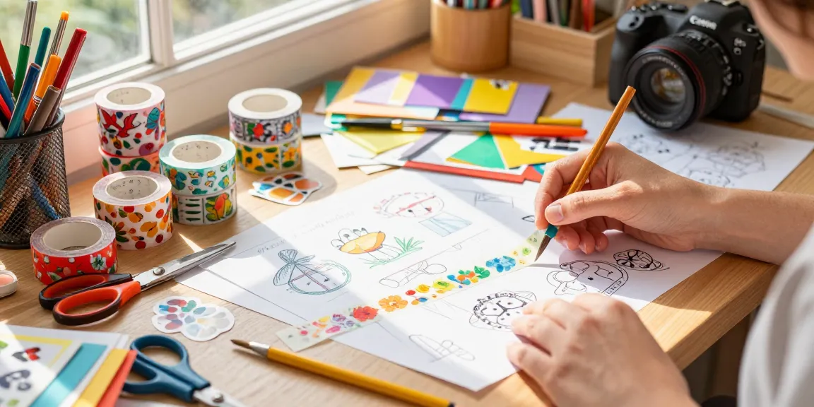 Design custom washi tape with colorful patterns in a vibrant crafting workspace.
