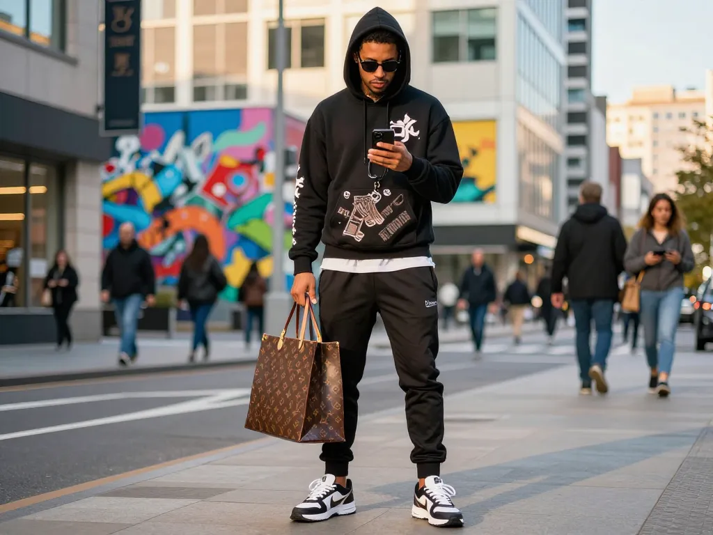 Fashion-forward individual in stylish 레플리카 clothing on city street, showcasing trendy outfit and urban lifestyle.
