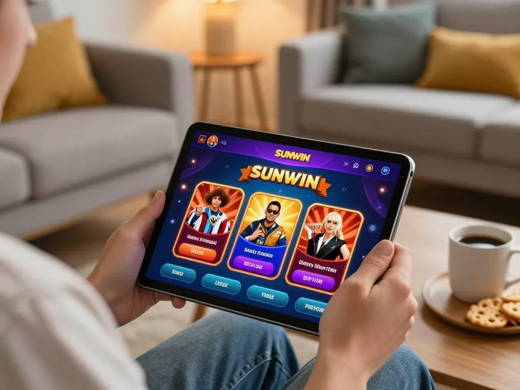 SUNWIN player engaged with online gaming interface on tablet in cozy home environment