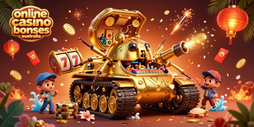 Experience online casino bonuses australia with a vibrant 3D illustration of a unique casino beetle tank and festive elements.