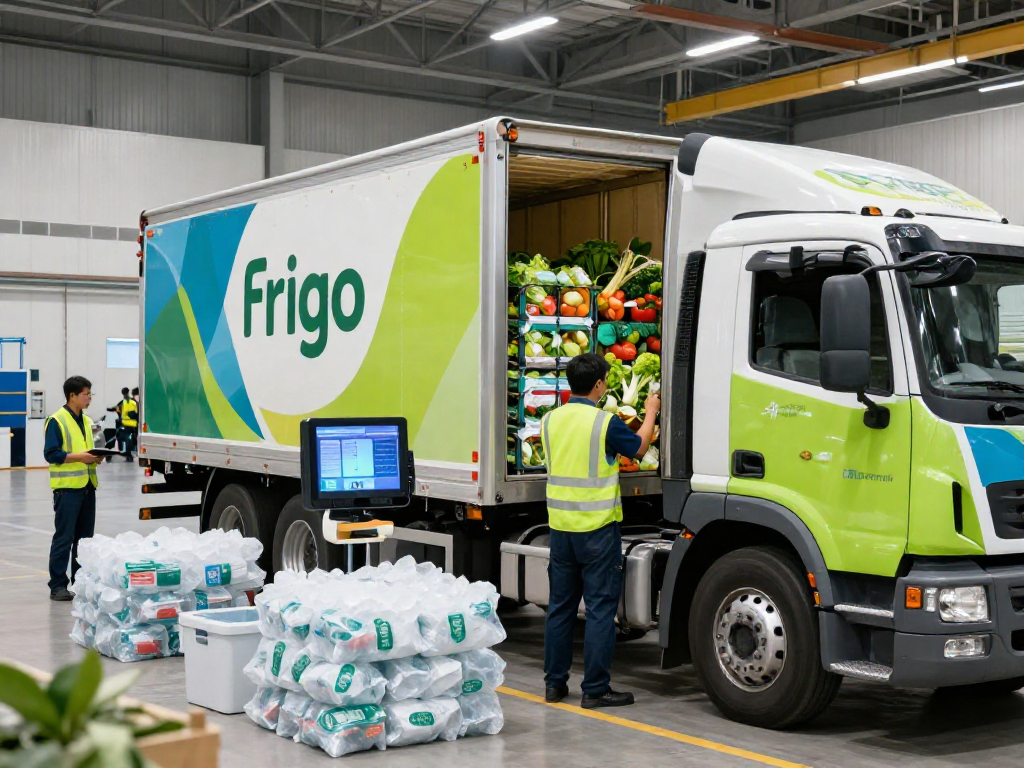 Frigo Transport Dortmund mit Fahrer, der temperaturkontrollierten Lkw mit frischen Produkten belädt.
