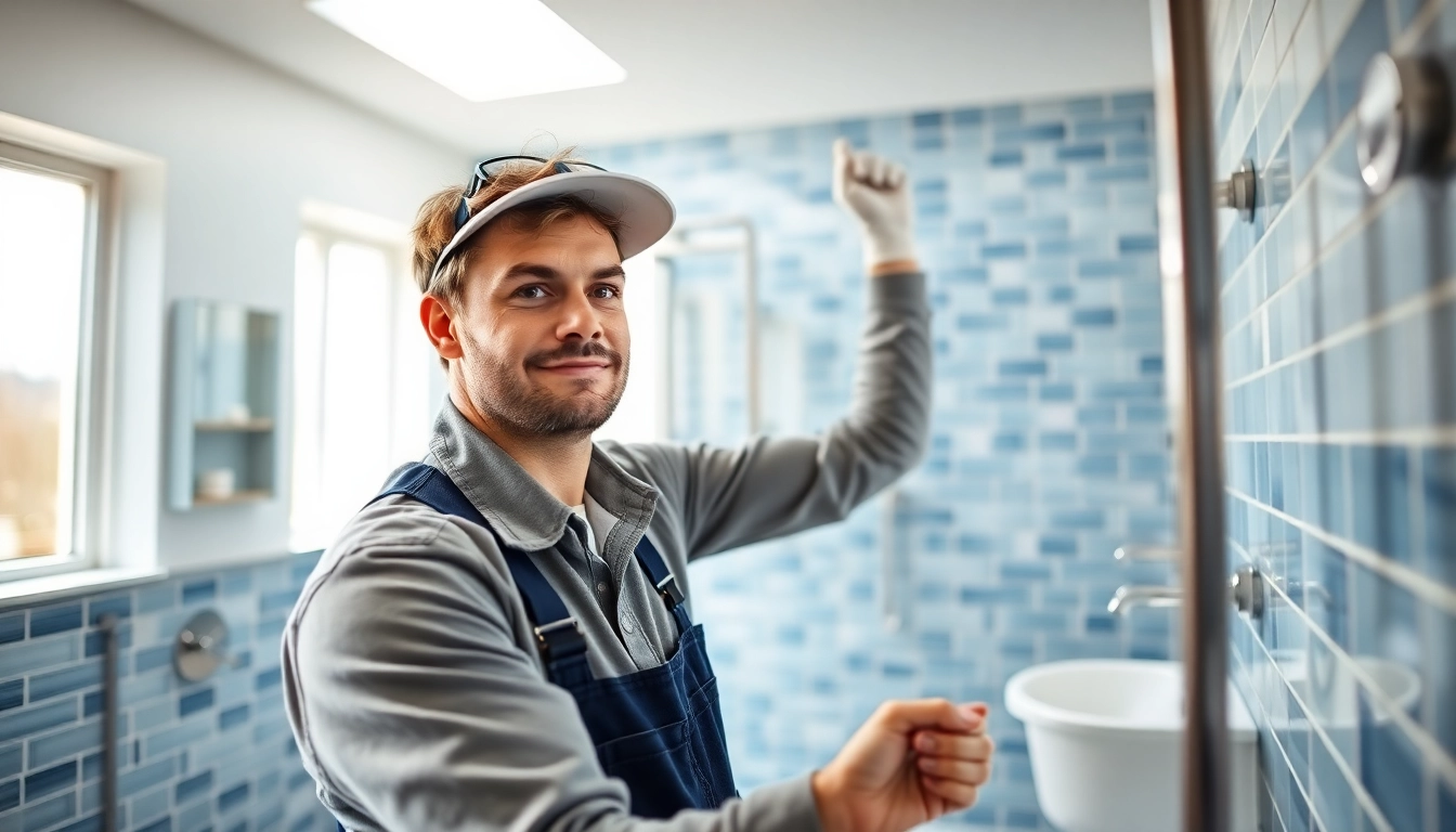 Installateur präsentiert Produkte von sonni sanitär GmbH in einem modernen Bad.