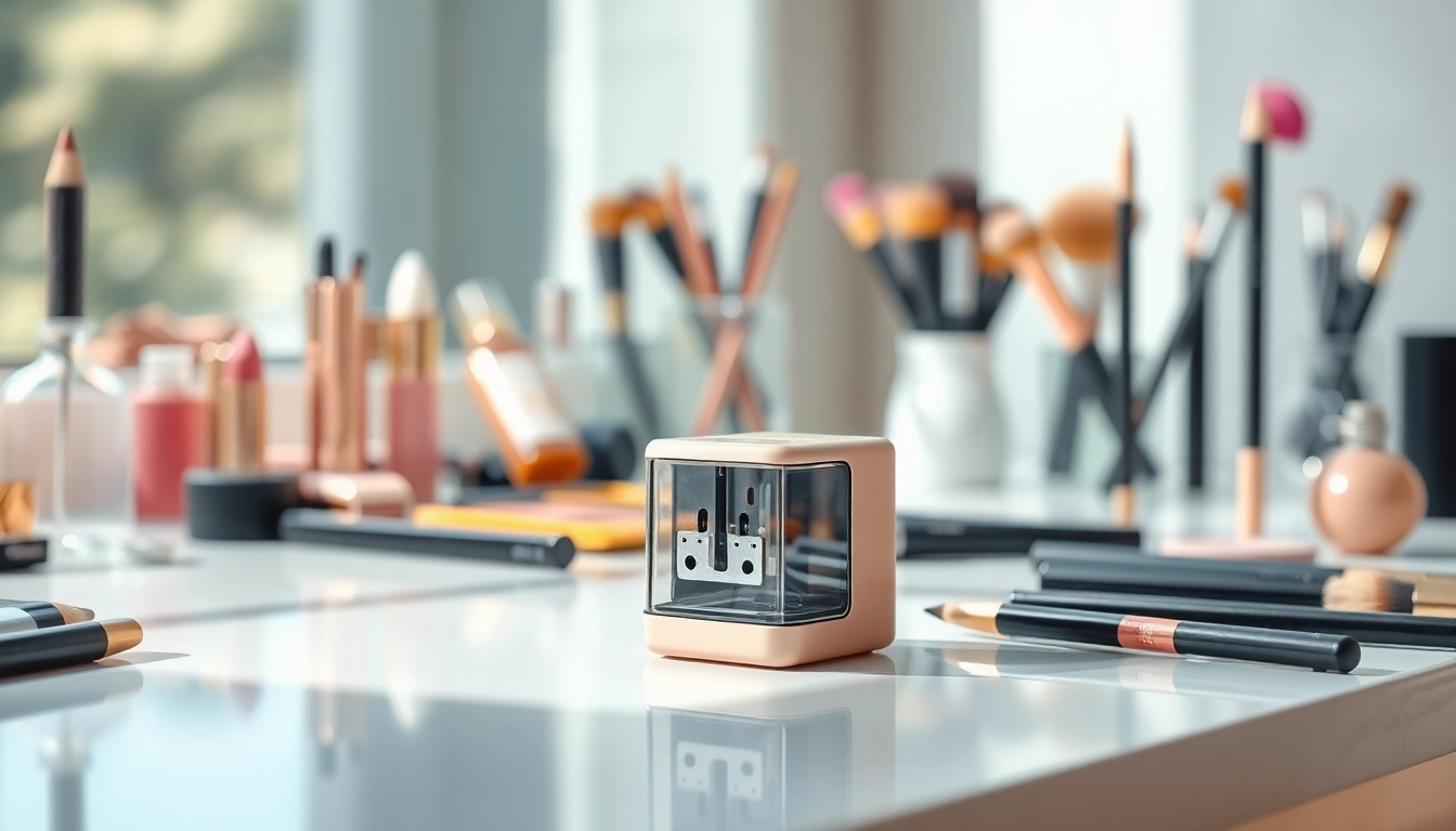 Using a makeup pencil sharpener with precision on a clean vanity surface showcases its sleek design.