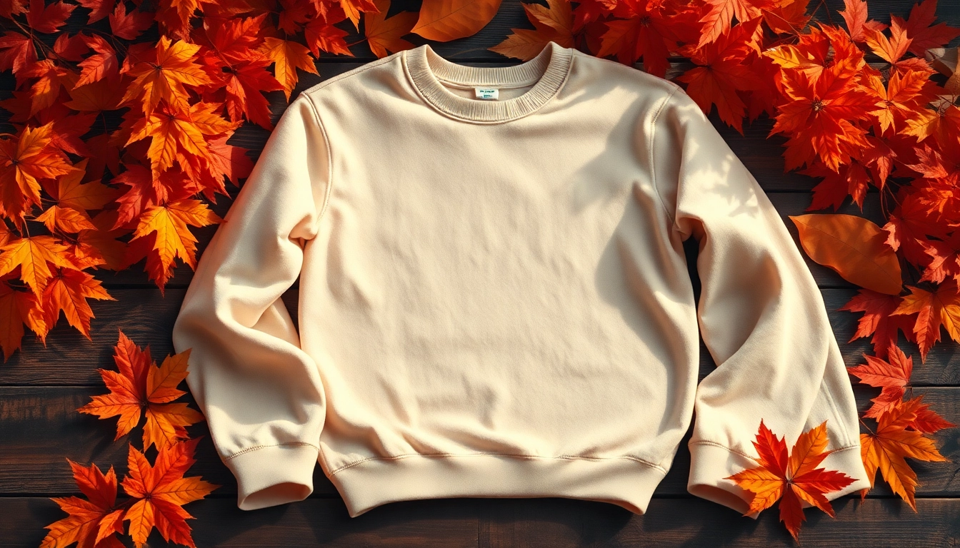 Showcase a stylish blank crewneck sweatshirt resting on wooden surface amidst autumn leaves.