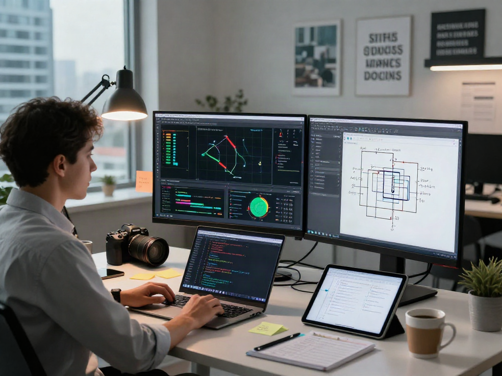 AI Image Detection analysis in a modern digital workspace with a professional reviewing images and algorithms.