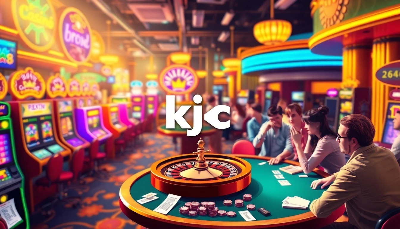 KJC Casino: Players enjoy card games and slot machines in a vibrant gambling atmosphere.