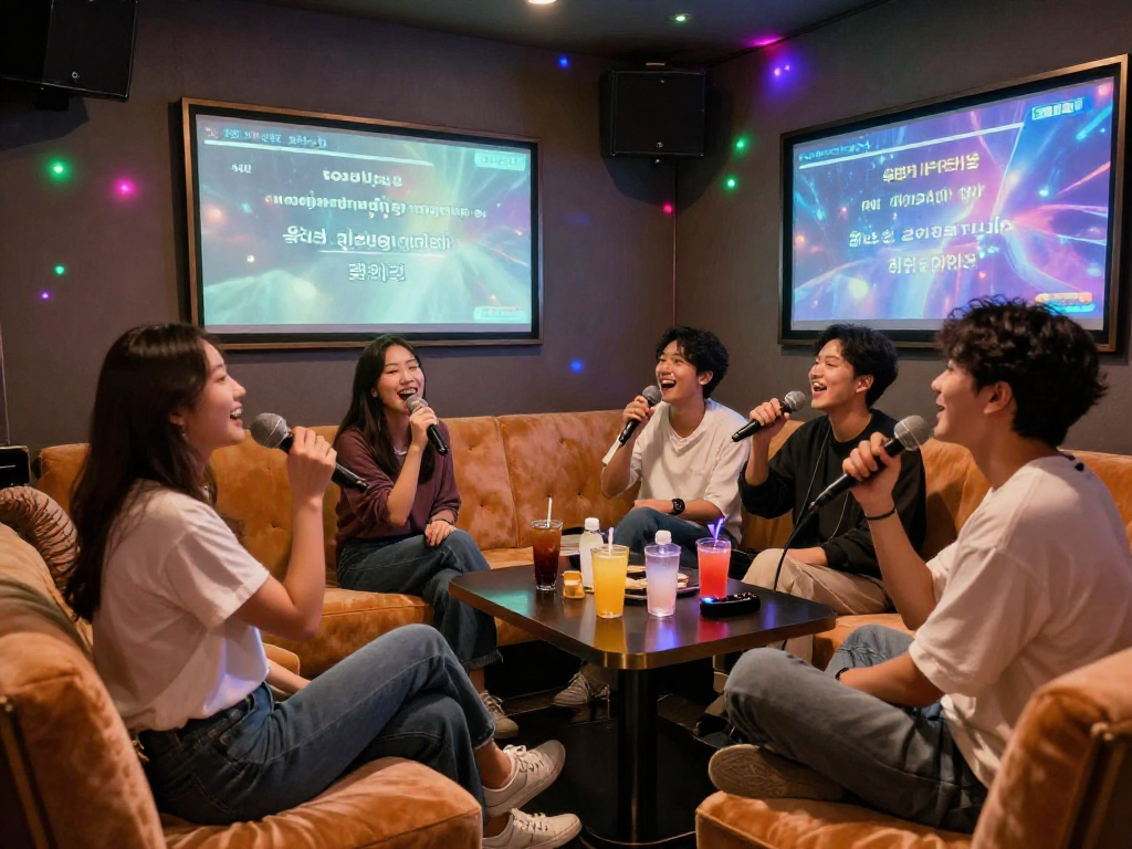 유앤미 가라오케에서 친구들과 즐겁게 노래하는 모습, 프라이빗한 분위기.