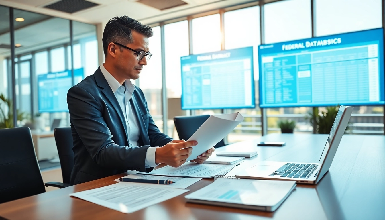 Consultant engaged in registration and certification in Federal databases for federal contracts in a modern office.