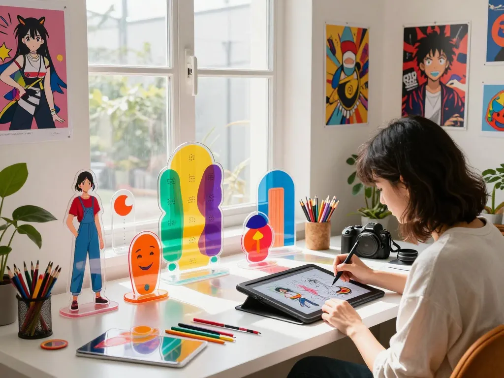 Custom acrylic stand displayed creatively in a designer's workspace, illustrating vibrant designs and artistic atmosphere.