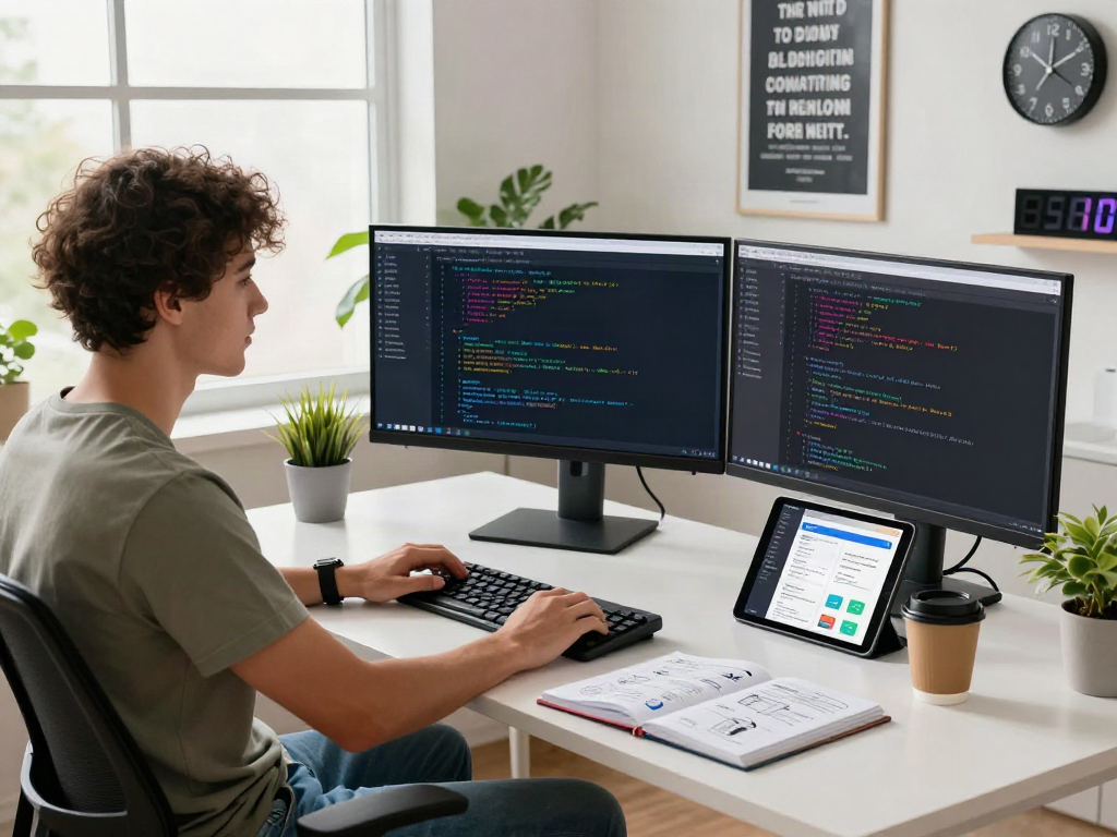Innovative workspace with gb WhatsApp interface on screens and tech gadgets, showcasing a productive software environment.