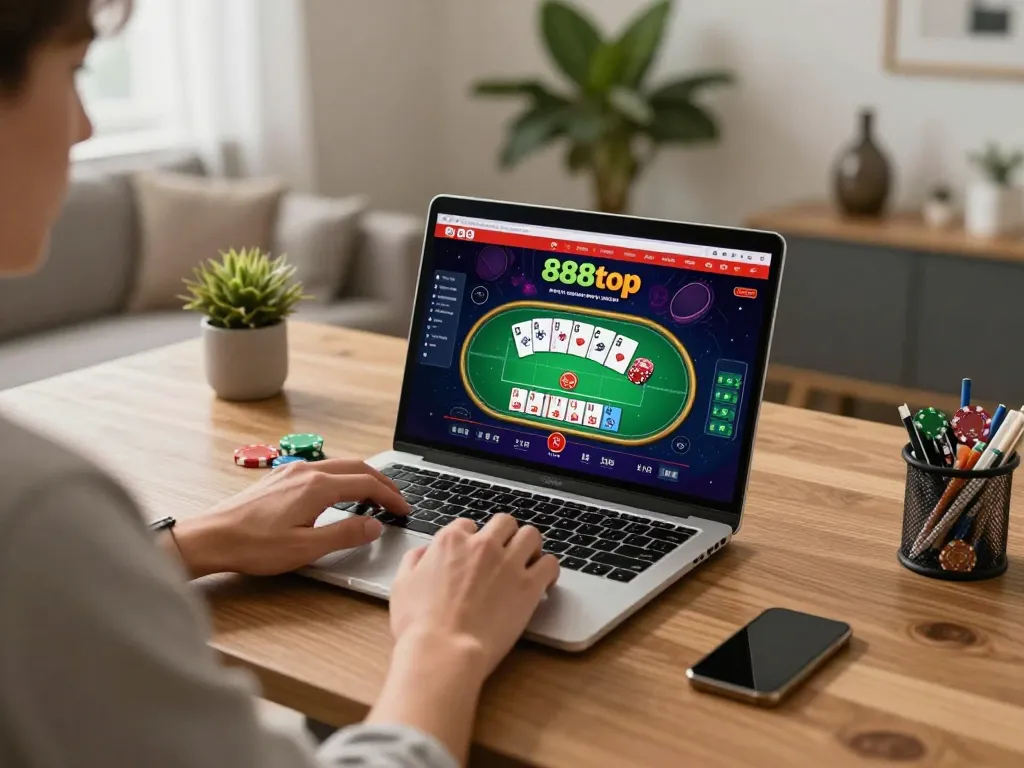 Player enjoying an online poker game on 888top, showcasing vibrant game interface and a cozy atmosphere.