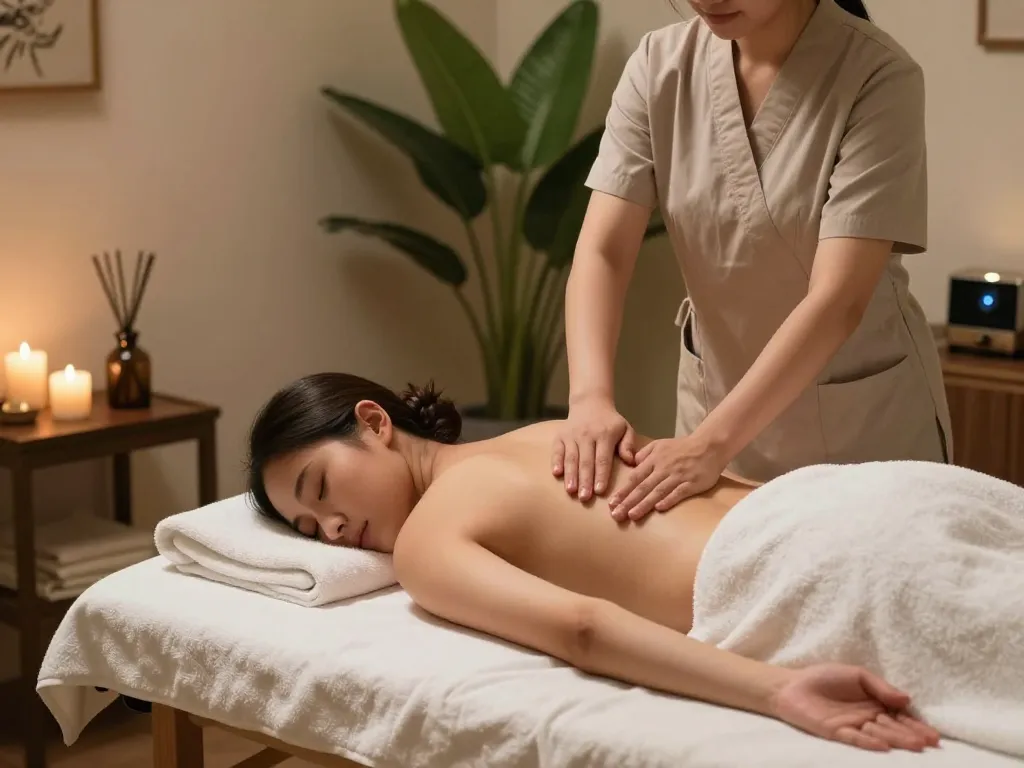 Relaxing 마사지 session in a tranquil spa room with soothing ambiance and essential oils.