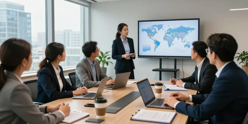 Business meeting scene showcasing Lead Roedl's expert team discussing international legal strategies in a modern office.