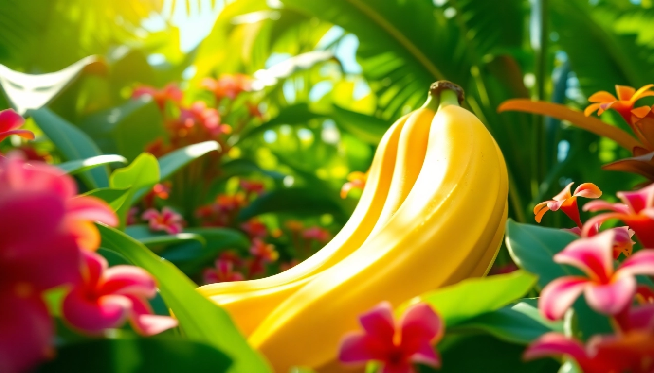 Engaging close-up of a nano banana surrounded by vibrant foliage, celebrating its unique texture and color.