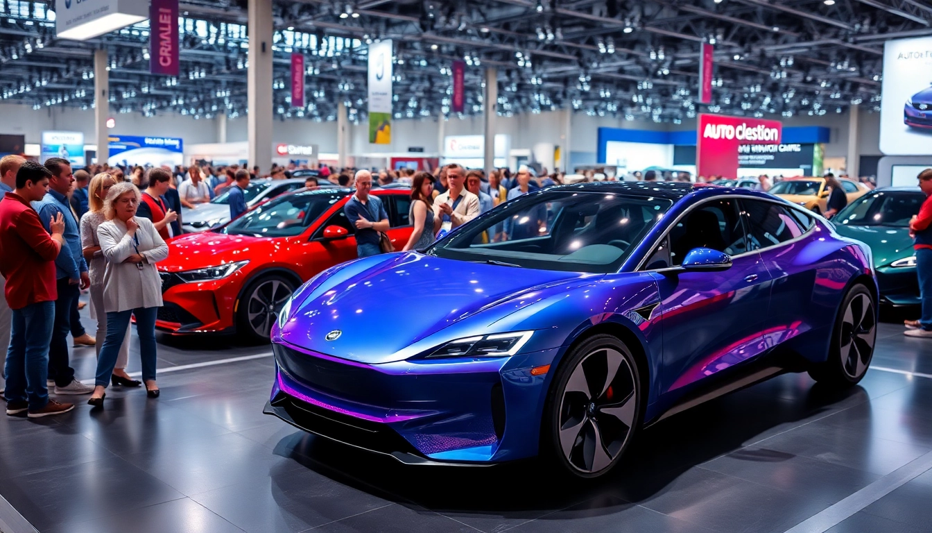 Experience the excitement of the Auto Cars Show featuring a futuristic electric vehicle and enthusiastic attendees.