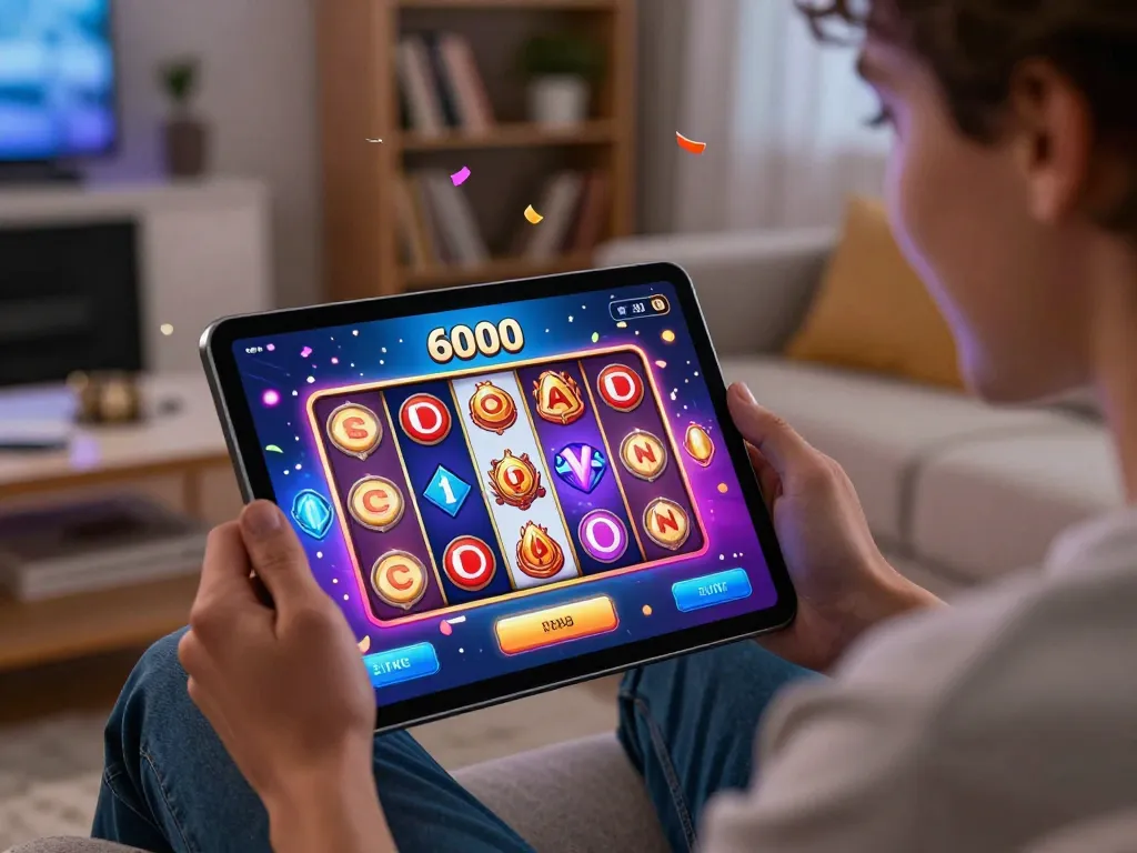 Engaging with slot6000 app on tablet, celebrating a winning spin in cozy home.