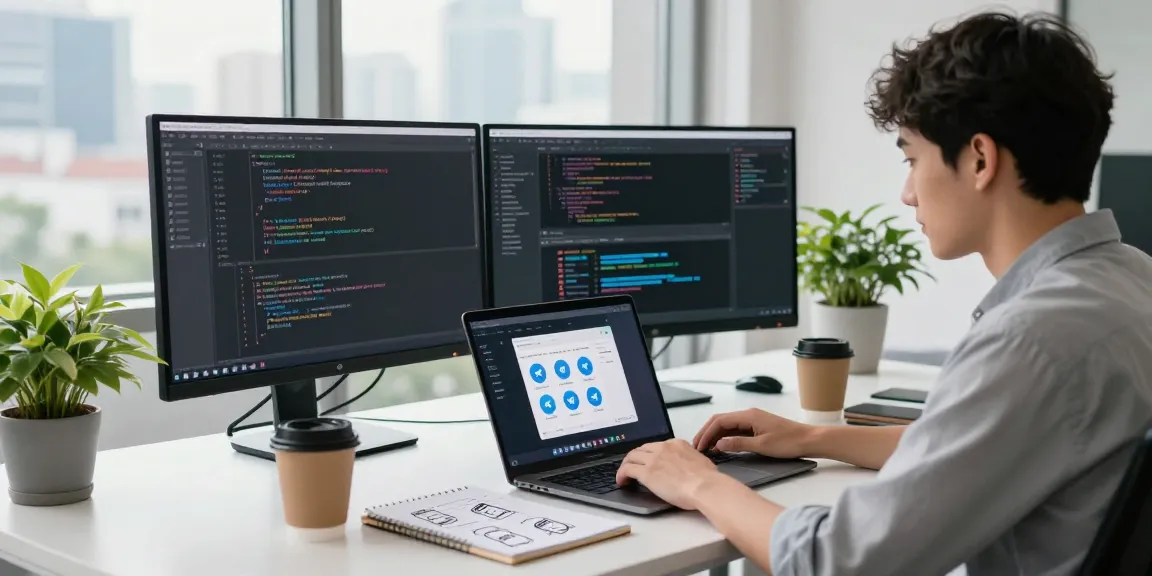 Innovative coding workspace featuring 纸飞机中文版 apps on screens, reflecting a modern tech atmosphere.