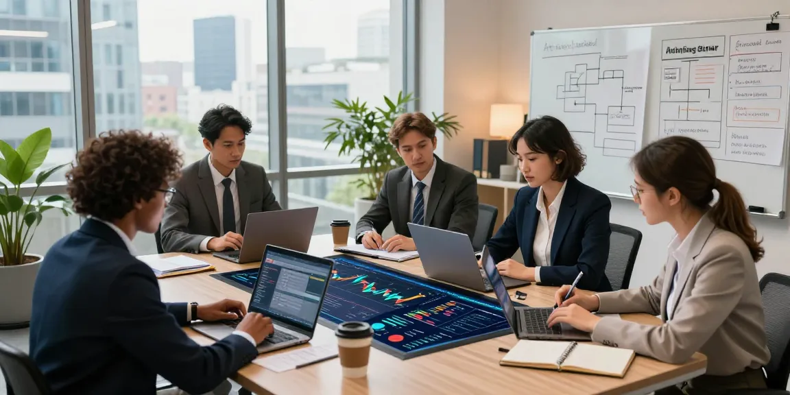 Team collaboration on financial crime intelligence data analysis in a modern office.