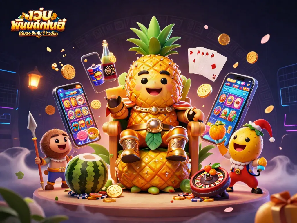 ภาพประกอบเว็บพนันออนไลน์ เว็บตรง อันดับ 1 ของโลก ที่มีคาสิโนและตัวละครการ์ตูนผลไม้
