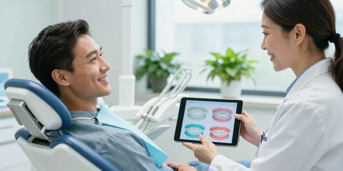 Adult patient in a dental chair discussing coloured braces options with an orthodontist in a bright, modern clinic.