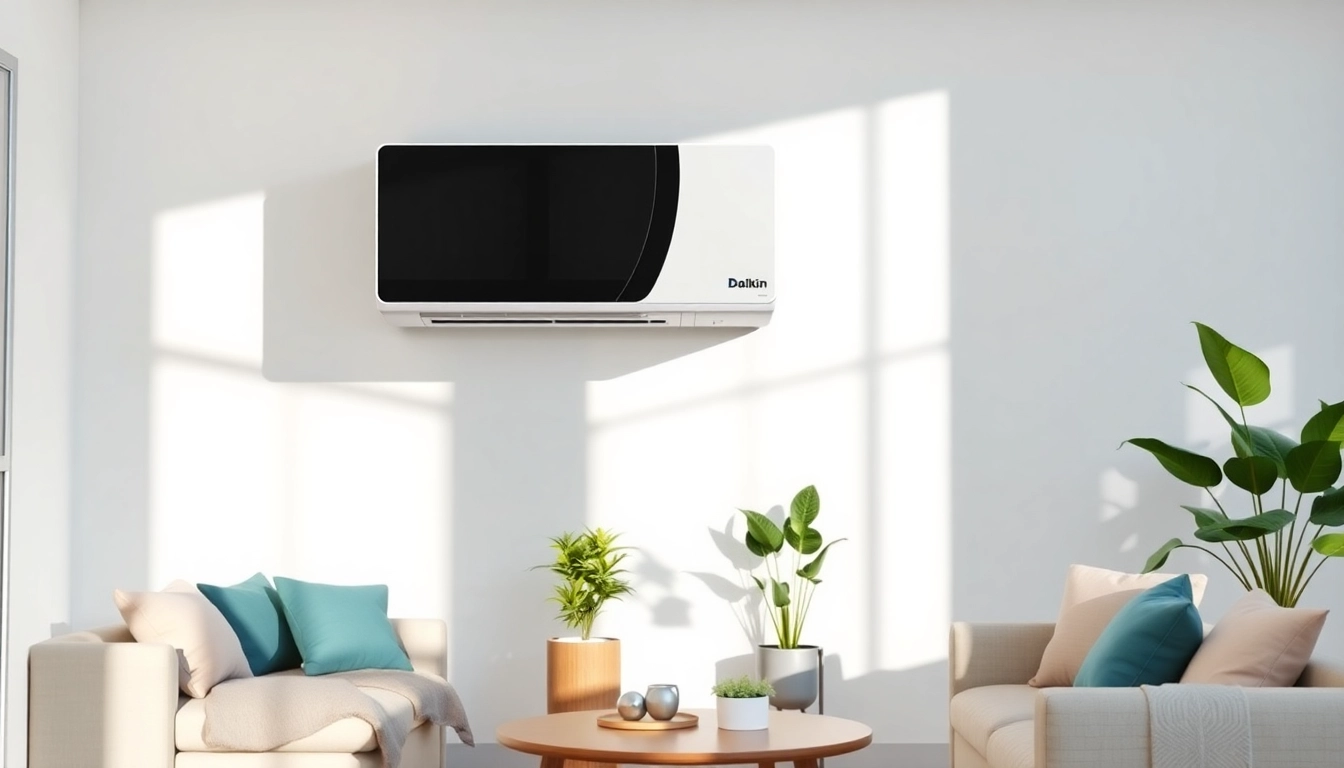 Showcase a Daikin mini split AC unit in a stylish living room setting, highlighting its sleek design.