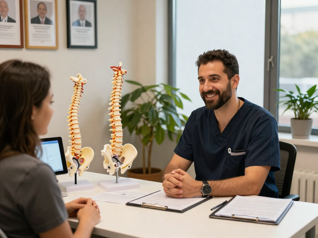 Consultation scene depicting bel fıtığı ameliyatı discussion between surgeon and patient in a welcoming medical environment.