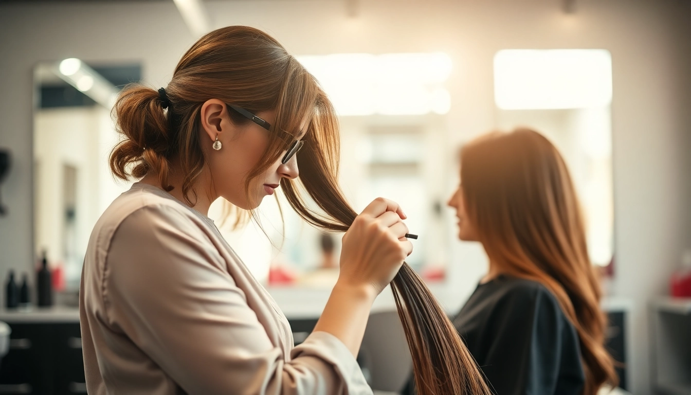 Sew in weft hair extensions being expertly applied by a stylist in a modern salon.