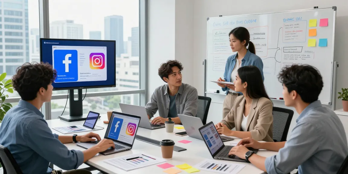 Marketing strategy session at a fb marketing agency in kl, showcasing teamwork with laptops, campaign graphics, and presentation materials in a bright office.