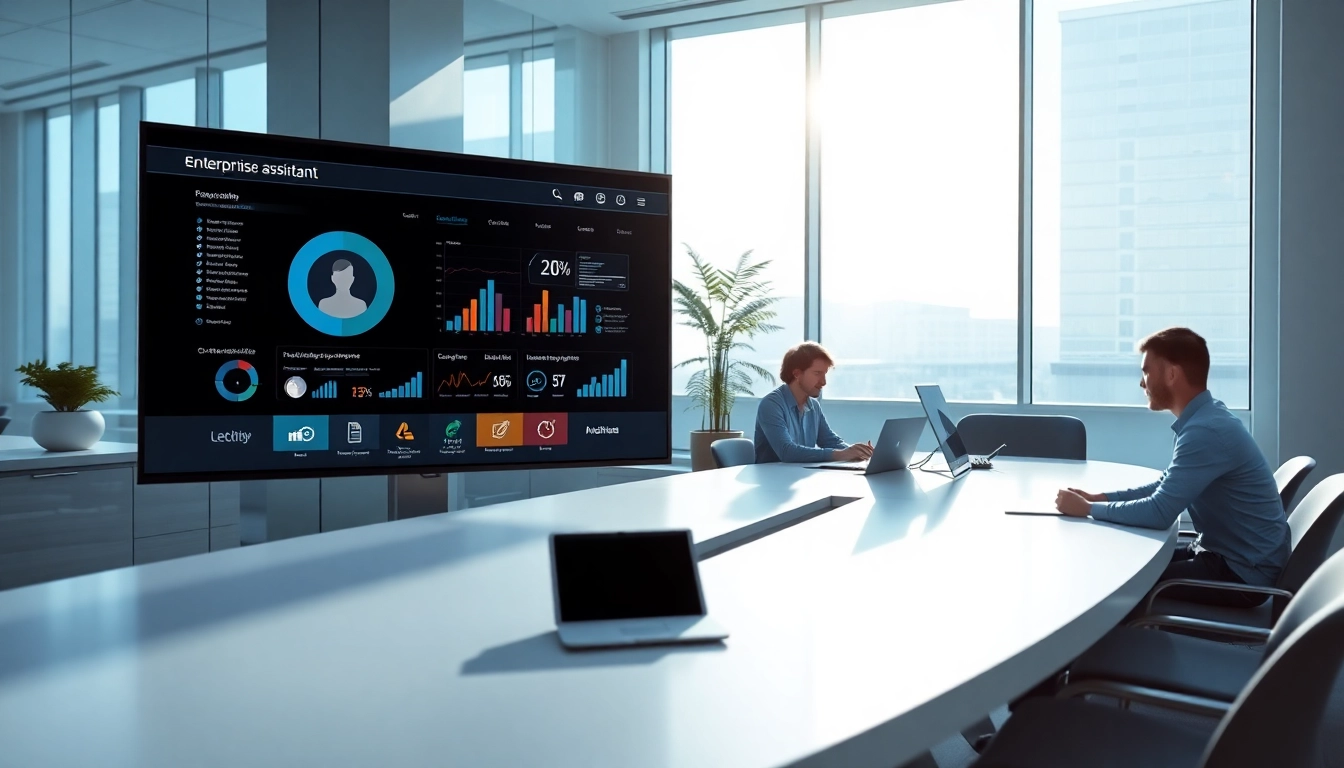 Showcasing enterprise assistant software enhancing teamwork and productivity in a modern office.