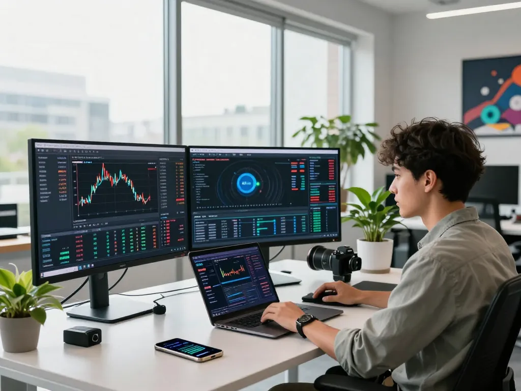 Engaged professional analyzing IO DeFi cryptocurrency trends in a modern trading office.
