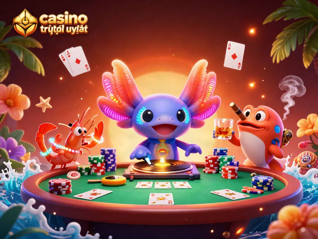 Các bộ đồ họa cảnh casino trực tuyến uy tín sôi động, với DJ axolotl và bạn nhảy dưới nước.