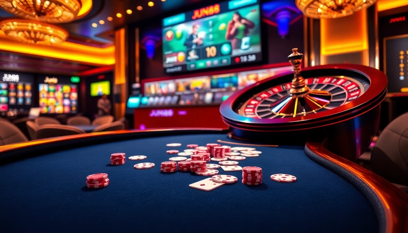 Jun88 gaming experience with vibrant poker chips, roulette wheel, and engaging casino atmosphere.