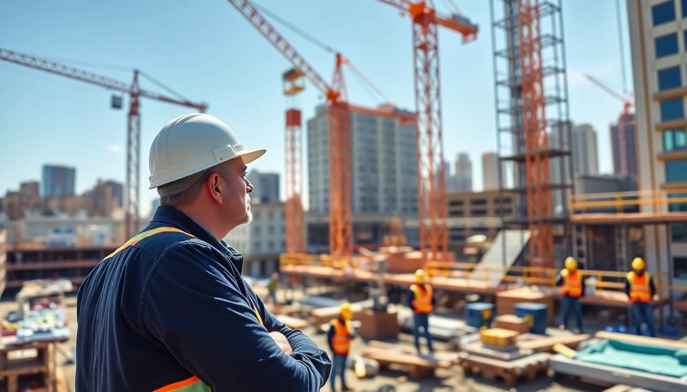 New York Construction Manager guiding a team on a busy construction site with cranes and tools.
