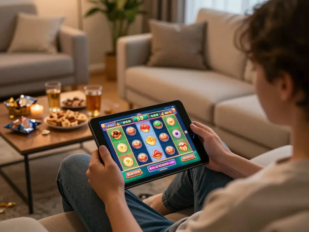 Engaging slot online gameplay on a tablet in a cozy home setting with colorful visuals