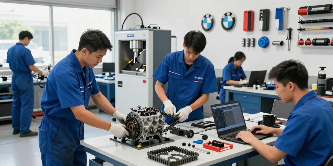 BMW Werkstatt Hannover mit Techniker, der an einem Motor arbeitet und ein modernes DPF-Reinigungsgerät nutzt.