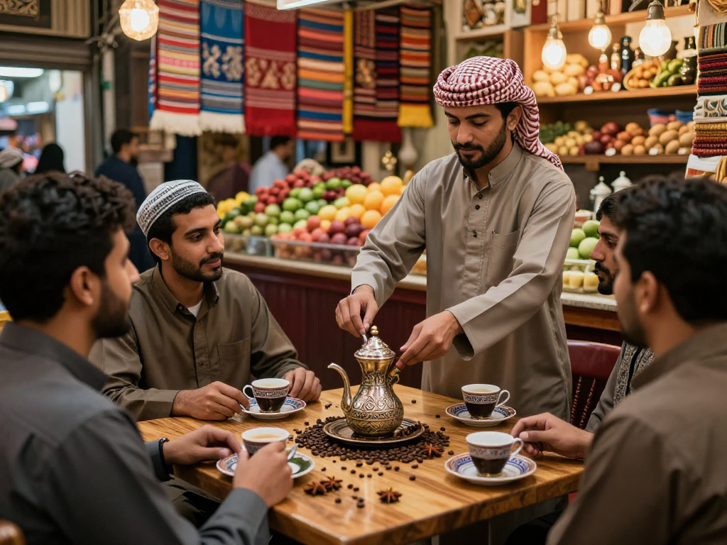 قهوجي وصبابين يقدمون القهوة العربية في مقهى تقليدي بأجواء دافئة