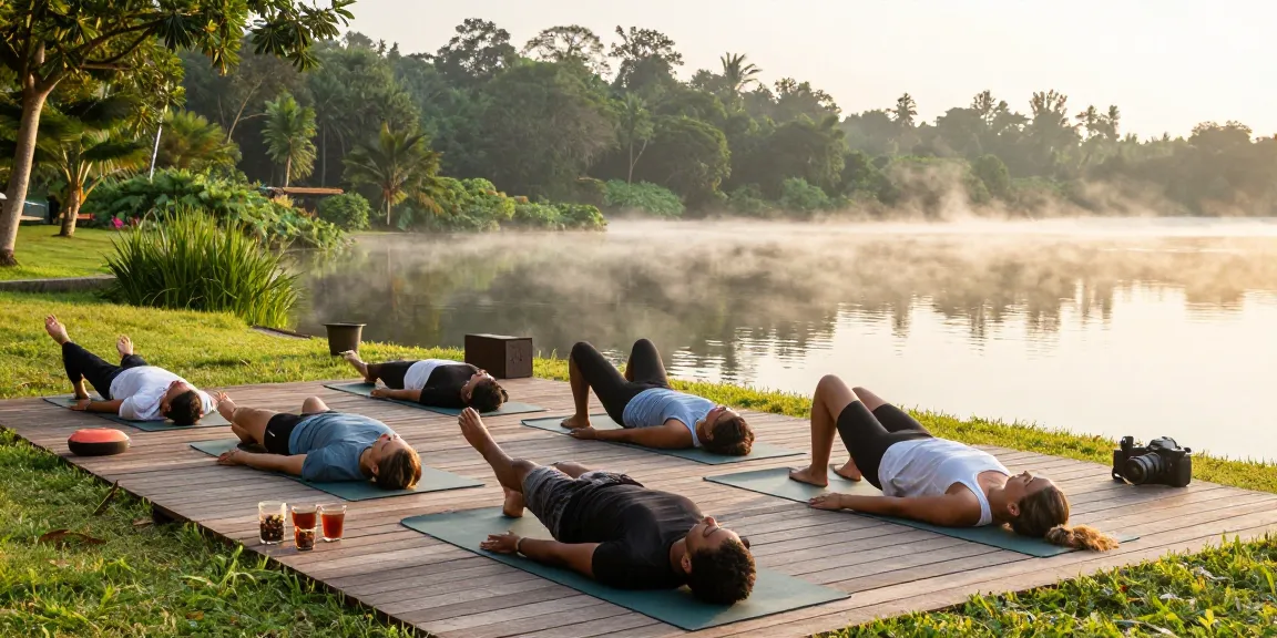 200hr yoga teacher training Sri Lanka participants practicing yoga at sunrise by Koggala Lake.