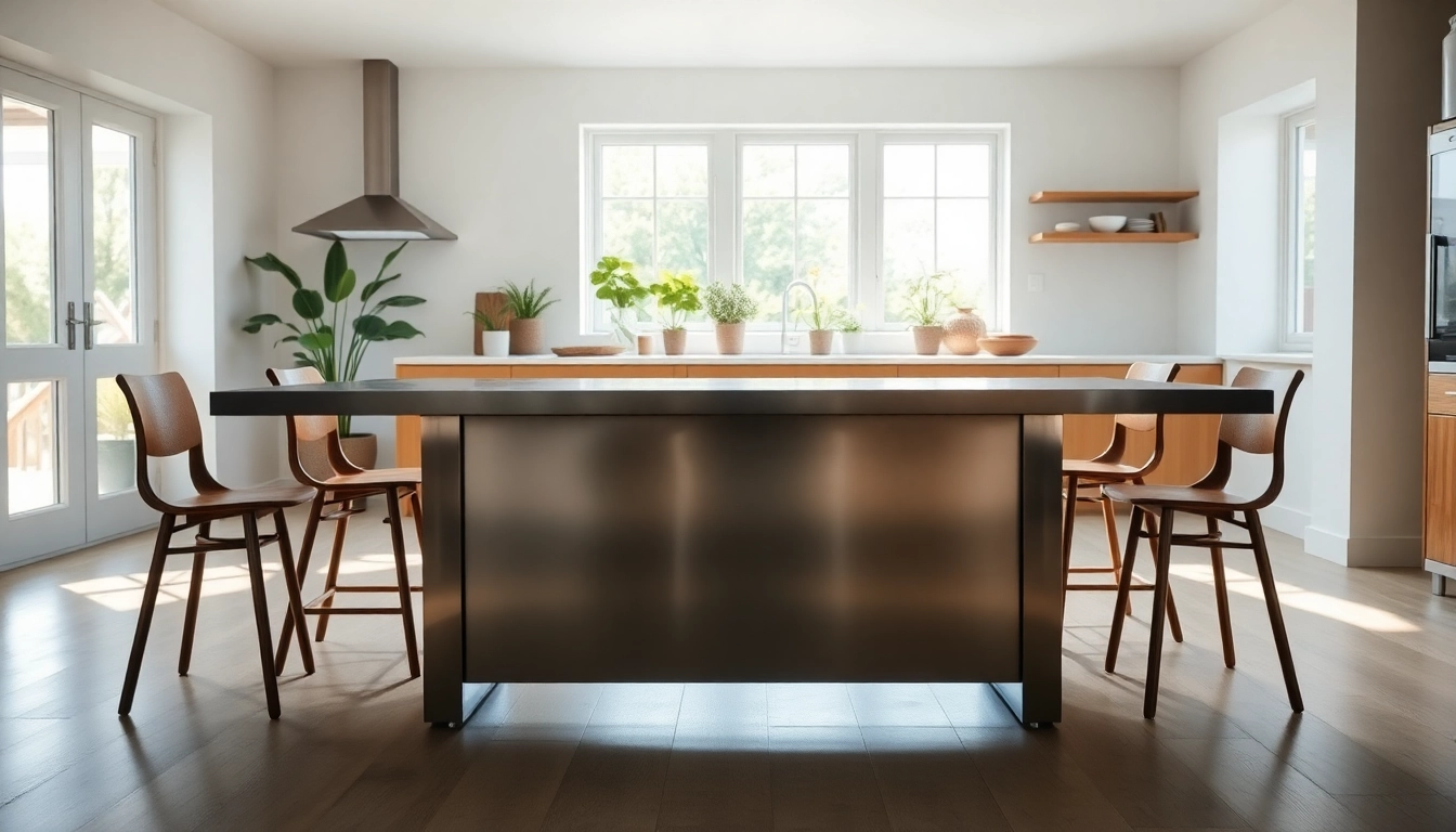 Elegant steel table for kitchen in a bright modern kitchen with natural light.