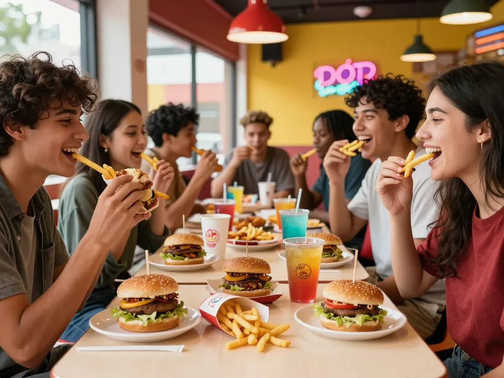Friends enjoying a fast food menu feast in a lively restaurant.