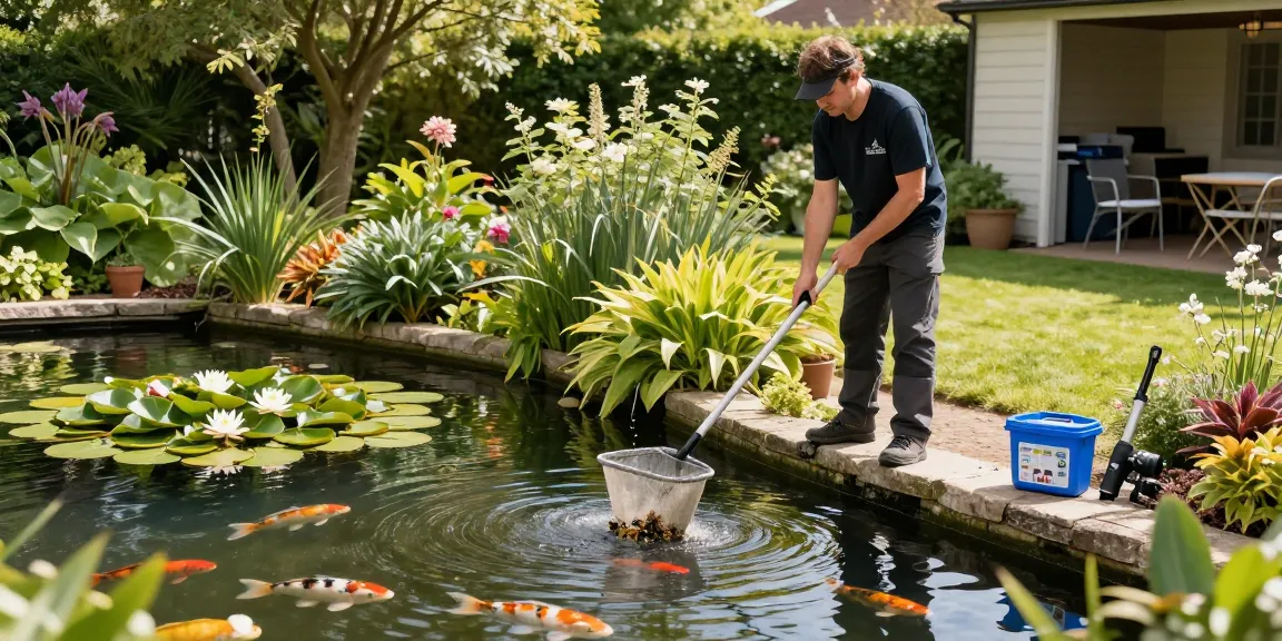 Pond Cleaning Essex by a professional landscaper in a lush garden setting.