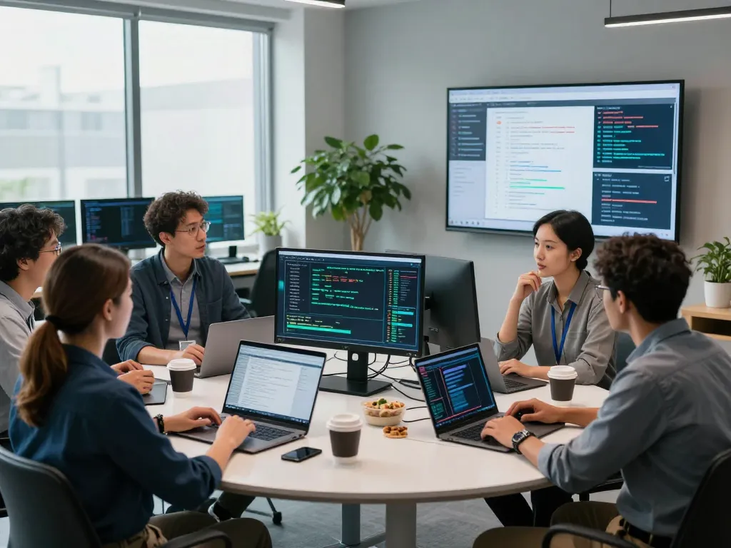 Collaborative cybersecurity team discussing solutions to security challenges in a modern workspace.