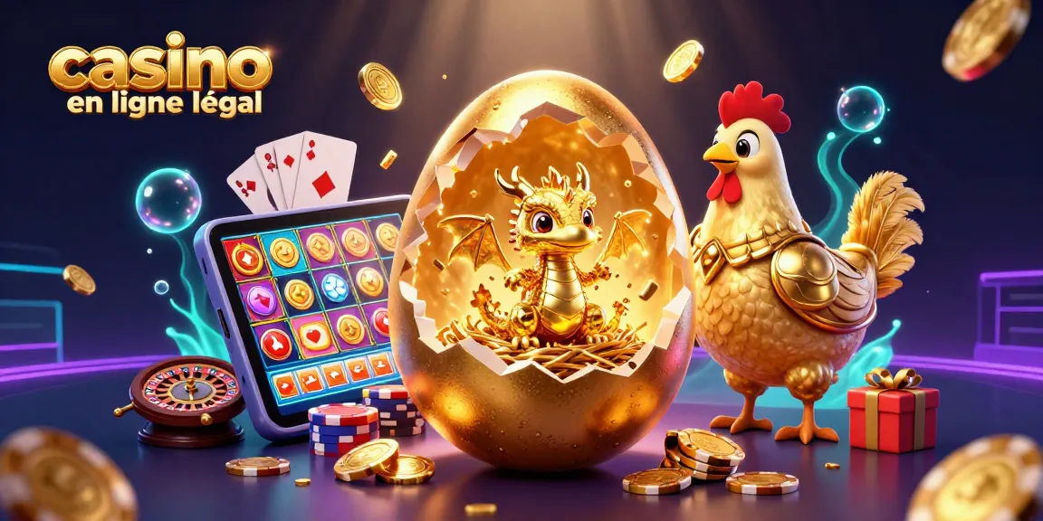 Illustration 3D de casino en ligne légal en France avec un œuf d'or, un dragon, et des jetons de poker