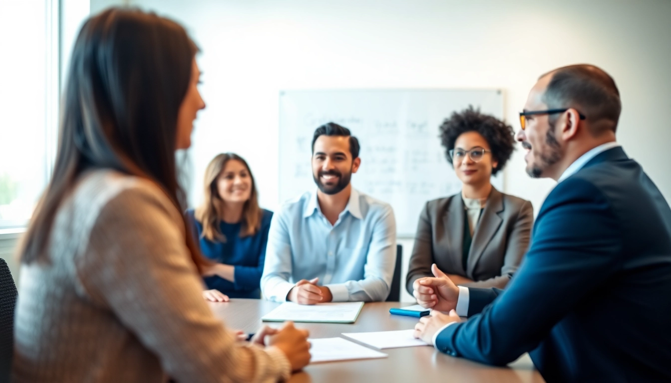 Mediation session with diverse participants engaging in discussions in a modern conference room.