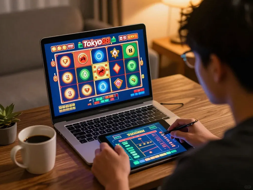 Pemain menikmati permainan slot Tokyo88 di laptop dalam suasana rumah yang nyaman, menunjukkan strategi perjudian online.
