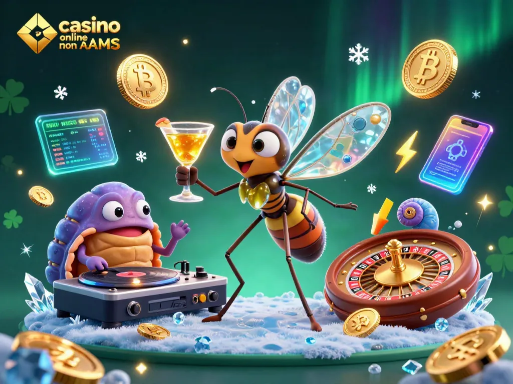 Giocatori che esplorano il casino online non AAMS con personaggio mascotte e simboli crypto.