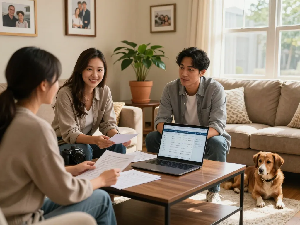 Homebuyer discussing a quick house sale with a cash buyer in a cozy living room.