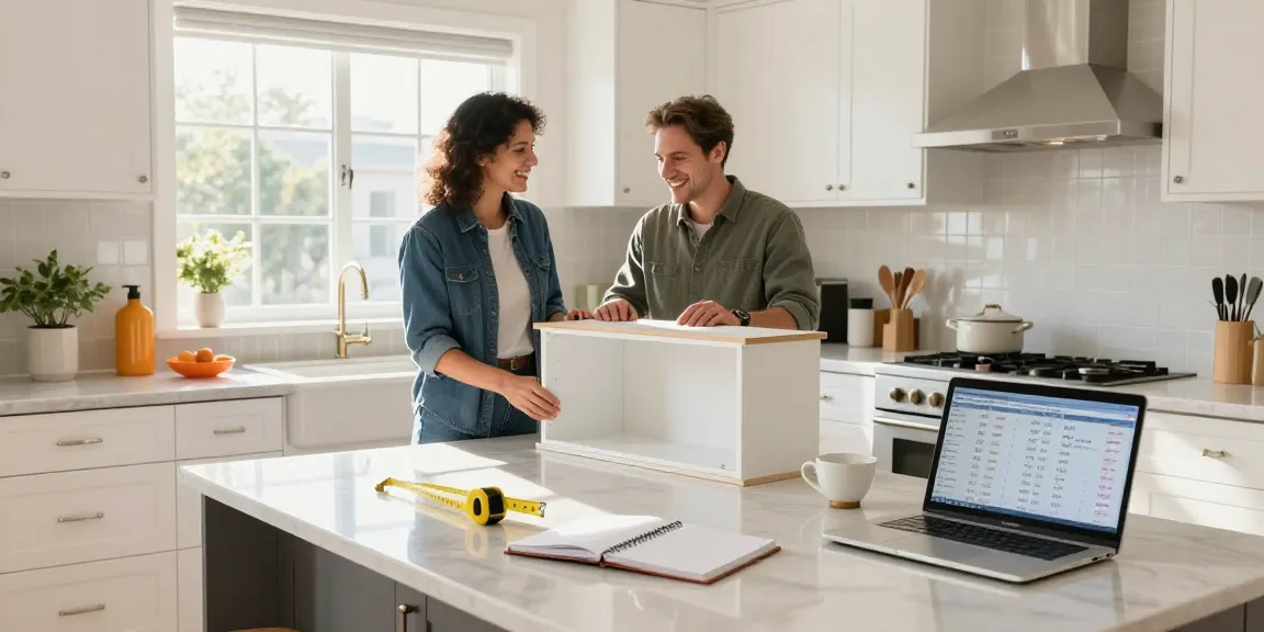 شراء مطابخ مستعملة بالرياض - Expert consultant evaluating used kitchen units in a bright, inviting kitchen.